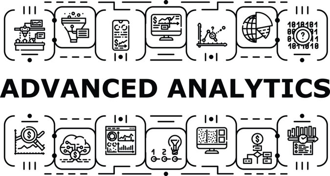 Advanced analytics banner infographic. Patterns insights, inference algorithm, data forecasting icon vector illustration