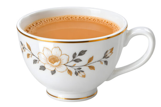 Milk tea in porcelain cup photo. Ceramic teacup filled with hot creamy beverage featuring floral pattern decoration. Isolated on transparent background cutout graphic asset.