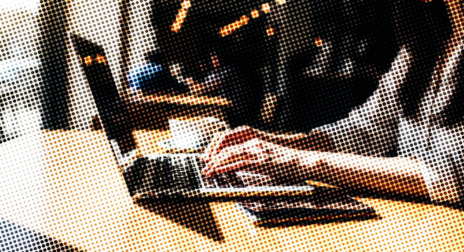 Close up of hands typing on a laptop keyboard in a stylized halftone dot pattern halftone effect