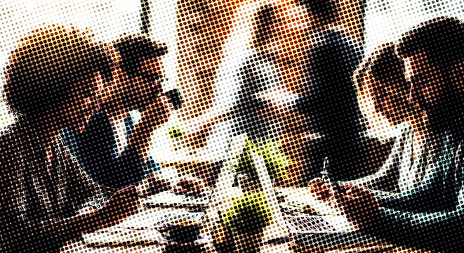 Business team in a meeting with laptops and documents with a stylized halftone dot halftone effect