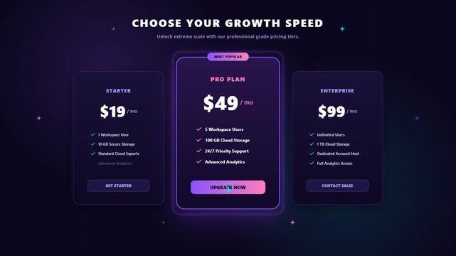 Interactive pricing table UI animation on dark website background