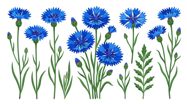 Set of Blue Cornflowers and Buds, Isolated on Transparent Background