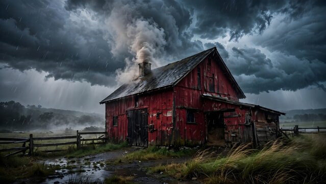 Rustic red barn with chimney smoke under dramatic storm sky with falling rain mood
