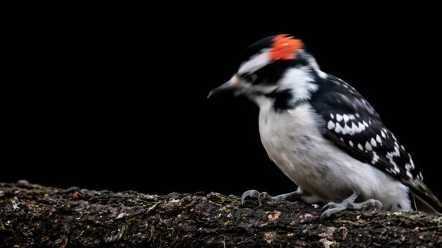 downy woodpecker close up isolated on black background video