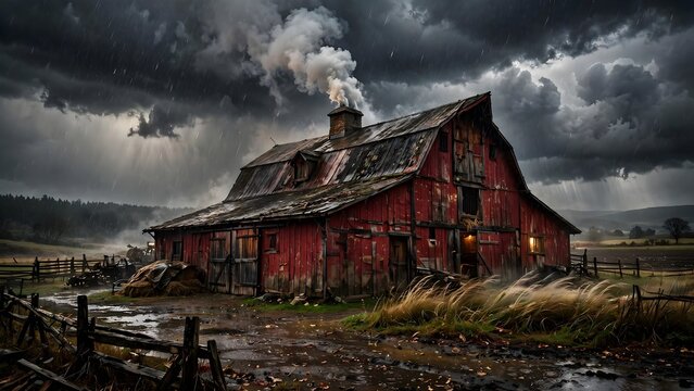 Rustic red barn with chimney smoke under dramatic storm sky with falling rain mood