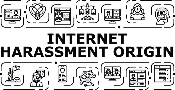 Internet harassment origin banner infographic. Threat rumor, trolling culture, online anonymity icon vector illustration