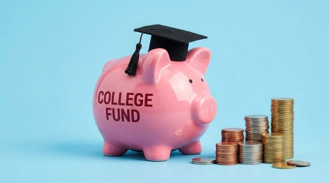 Saving for higher education a pink piggy bank wears a graduation cap