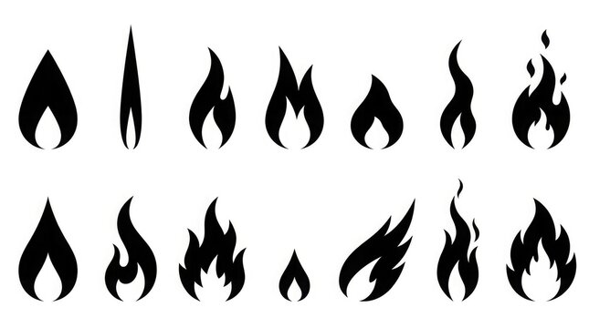 Collection of hand drawn black and white fire flame shapes on a white background