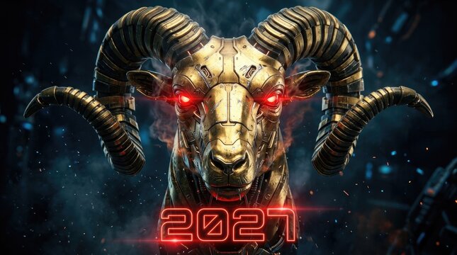 Futuristic robotic ram with glowing red eyes and a digital 2027 display