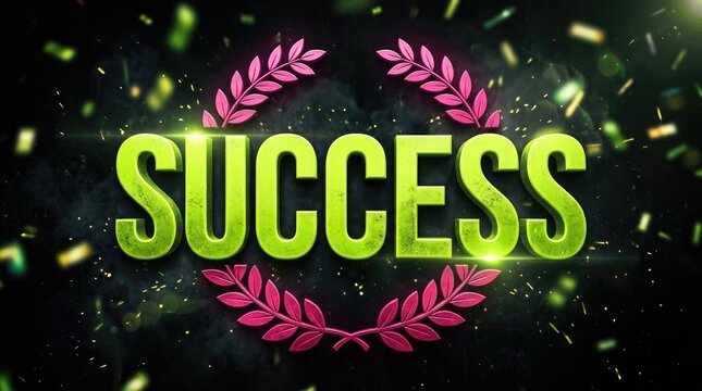 Bright success text with laurel wreath and sparkling confetti background illustration