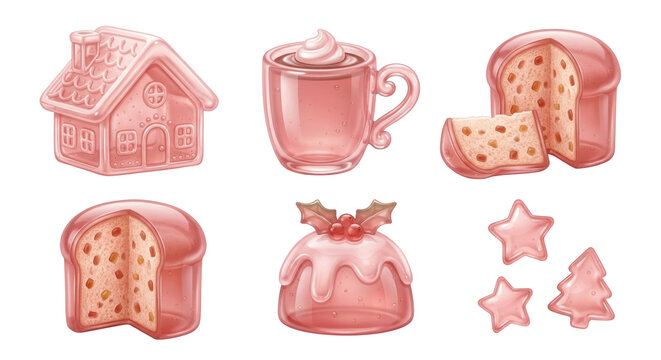 Pink translucent Christmas food set, glossy jelly style gingerbread house, hot chocolate, panettone slices, Christmas pudding with holly and star cookies, isolated
