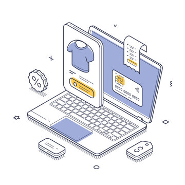 Isometric vector illustration of online shopping. A laptop shows a product page with a t-shirt, leading to a secure payment with a credit card and receipt. Concept for e-commerce and retail