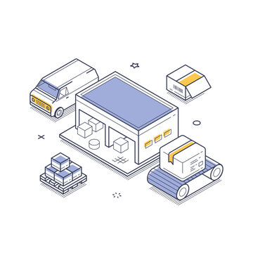 Isometric vector illustration of a warehouse and logistics process. Automated conveyor belt with packages for sorting, loading into a delivery van. Concept for distribution, shipping and cargo storage