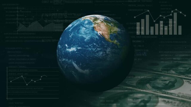 Planet Earth, digital code, dollars, background made of graphs. The concept of global, digital, business and finance. 4K video