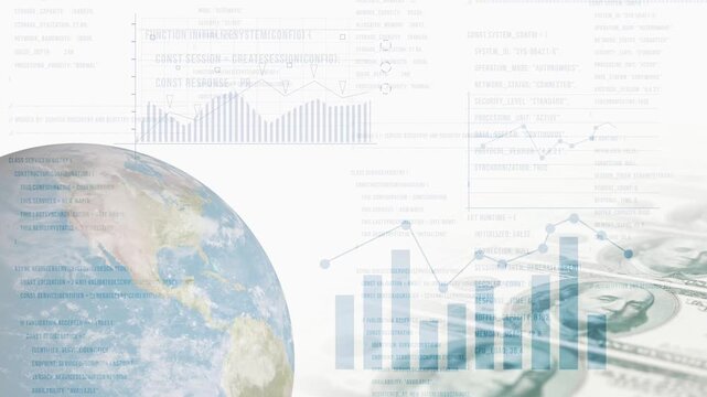 Planet Earth, digital code, dollars, background made of graphs. The concept of global, digital, business and finance. 4K video