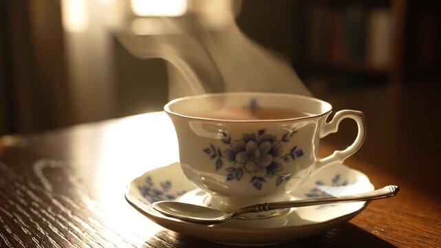 Steaming Porcelain Tea Cup on Wooden Table in Cozy Morning Sunlight
