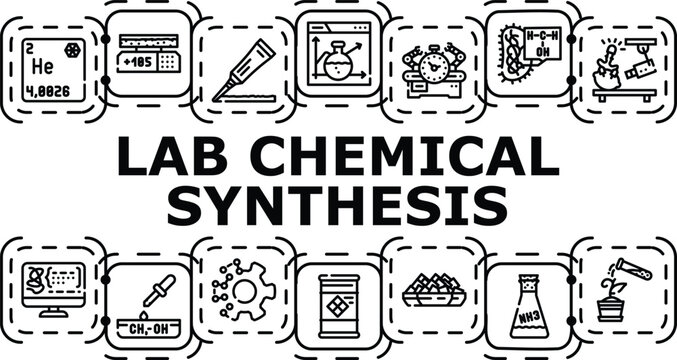 Lab chemical synthesis banner infographic. Equilibrium purification, reagent titration, kinetics extraction icon vector illustration