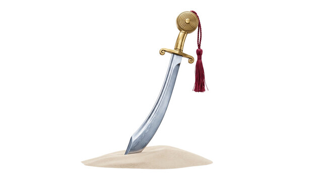 Vintage Oriental Scimitar Sword Stuck in Sand, Antique Golden Hilted Arabian Saber with Red Tassel, Historical Battle Weaponry isolated PNG with Transparent Background
