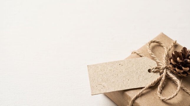 Eco friendly craft paper gift box with twine bow and pine cone on white background
