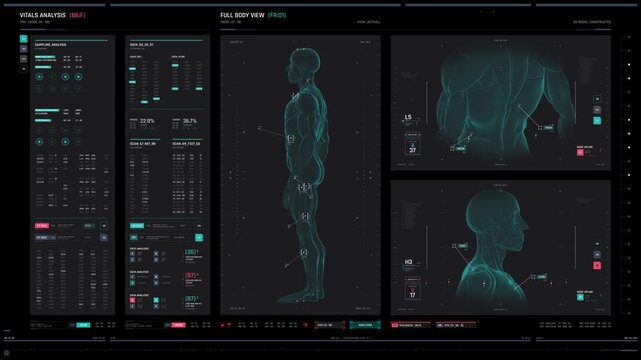 Futuristic medical hud interface displaying human body biometric data