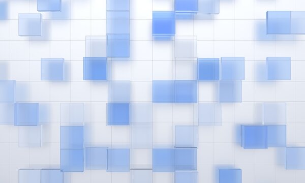 Grid of floating translucent blue glass cubes on a white background, digital data blocks and cloud database concept, 3d render