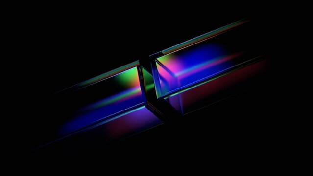 Two glass prisms joined together with rainbow light refraction on a dark black background, connection and link concept, 3d render