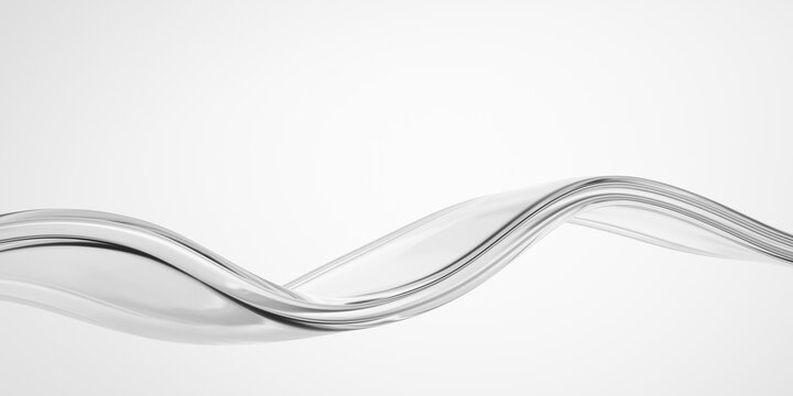 Flowing transparent liquid glass wave on a light gray background, purity and fluidity concept, 3d render