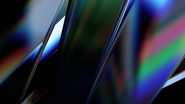 Close-up of crossing glass shards with rainbow refraction and soft light on a dark background, innovation and digital energy concept, 3d render