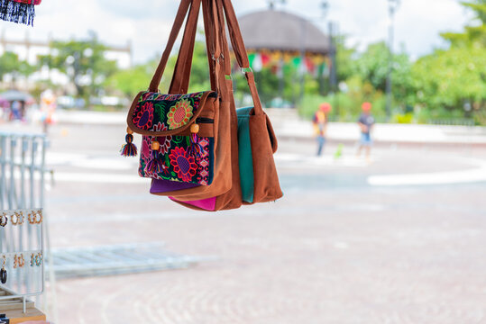 Small Handmade Bags Hanging at a Mexican Street Craft Market