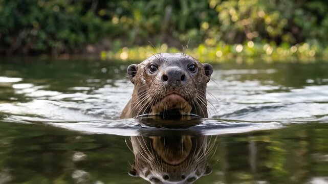 close up eye level sea otter swimming in calm water at morning light in monterey bay california video