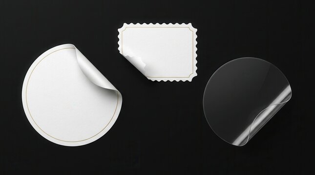 Set of blank oval and rectangular peel corner labels with a transparent round sticker.