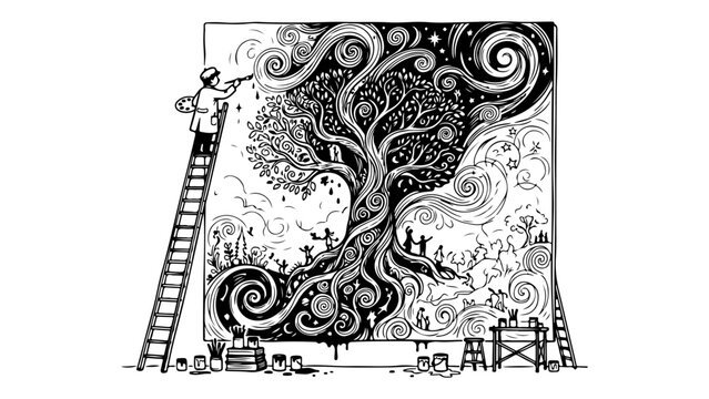 Artist paints a large tree mural from a ladder, blending swirling branches, roots, stars, Magnum opus of a painter artist illustration