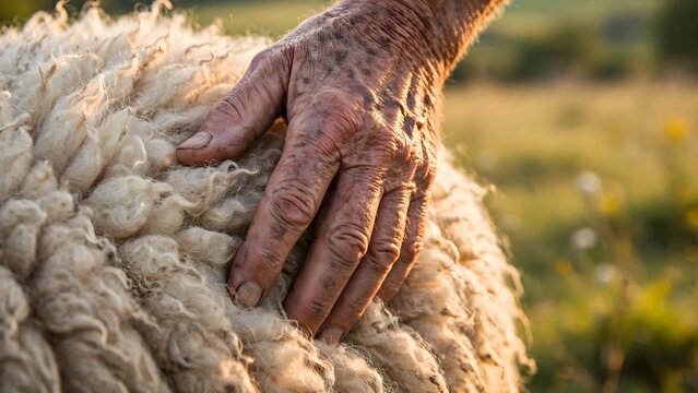 Hand touching thick curly wool of sheep in warm afternoon light with soft blurred pasture background