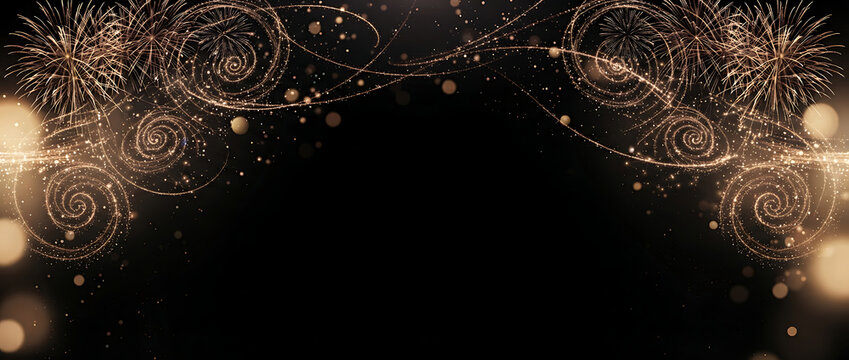 Golden fireworks and glowing swirls on black background for festive holiday celebration