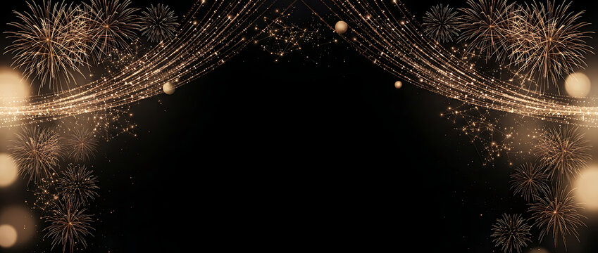 Golden fireworks and glowing light curtains on a dark black background frame