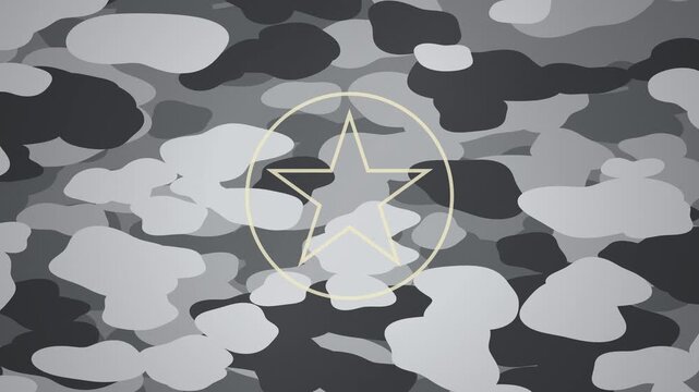 Monochrome camouflage background motion graphic, urban military camo pattern with star emblem icon, tactical army abstract loop video