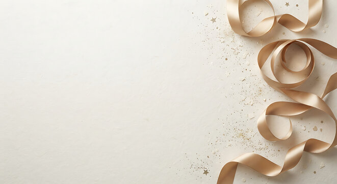 Elegant gold silk ribbons with sparkling confetti on a textured white background