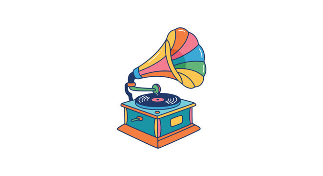 Colorful vector illustration of a vintage gramophone with a vinyl record