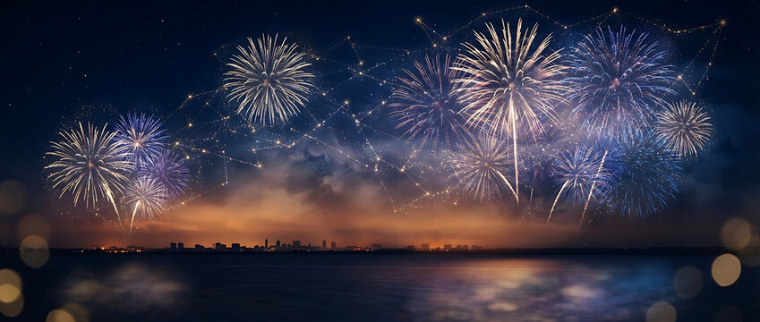 Bright colorful fireworks exploding over dark city skyline at night celebration scene