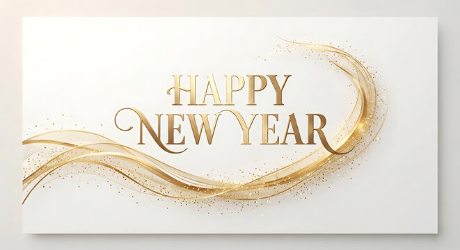 Happy New Year gold text with elegant swirling glitter waves on white background