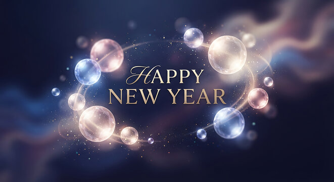 Happy New Year text with glowing bubbles and golden light on dark background