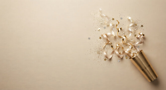 Gold party popper with curling ribbons and glitter stars on beige background