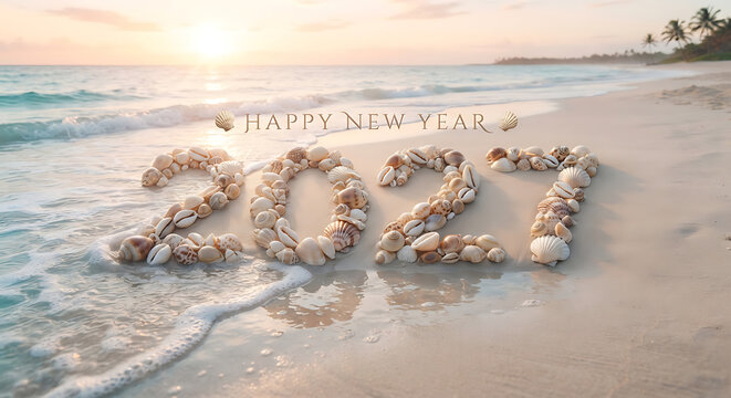 Happy New Year 2027 text made of seashells on tropical beach at sunrise