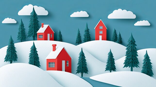 Red houses nestled among snowy hills and evergreen pine trees under fluffy white paper clouds against a bright blue sky