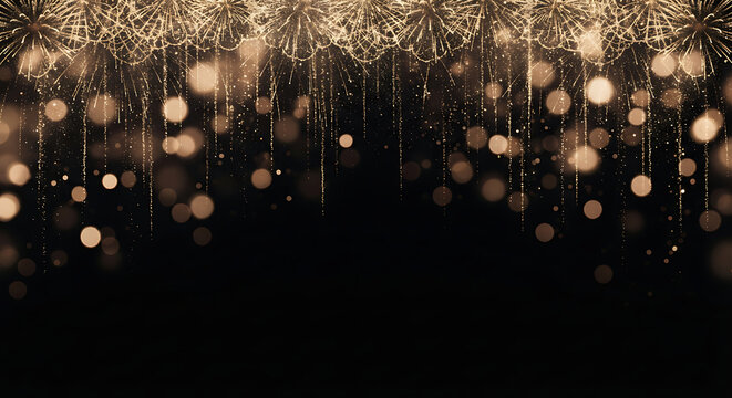 Golden fireworks display with glowing bokeh lights on a dark black background