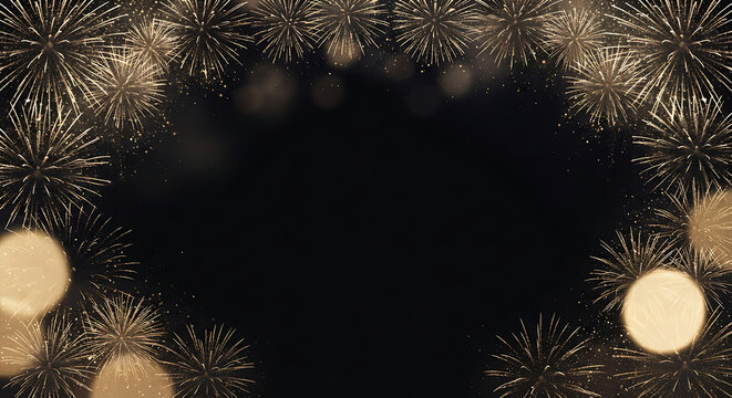 Golden fireworks frame with bokeh lights on dark background for holiday celebration