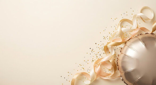 Champagne balloon with gold ribbons and confetti on a beige background