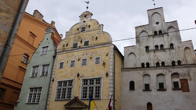 Facades of historic Three Brothers medieval houses on Maza Pils street in Riga, Latvia