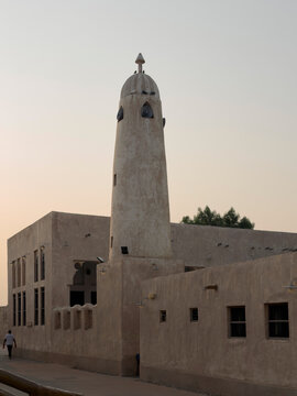 Wakrah, Qatar - July 20, 2026: Old mosque and its minaret. Taken early morning in the old souk of Al Wakrah, Qatar
