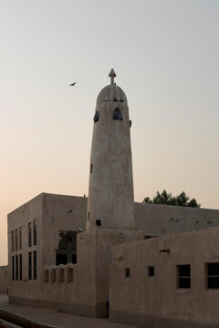 Wakrah, Qatar - July 20, 2026: Old mosque and its minaret. Taken early morning in the old souk of Al Wakrah, Qatar